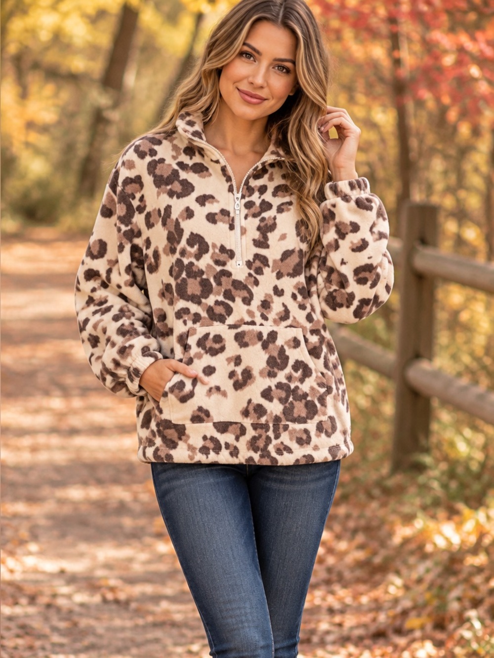 WallFlower Leopard Print Quarter-Zip Fleece Pullover Size Medium